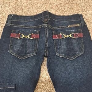 Frankie B. Blue and Red Designer Jeans with Embroidery Size 6